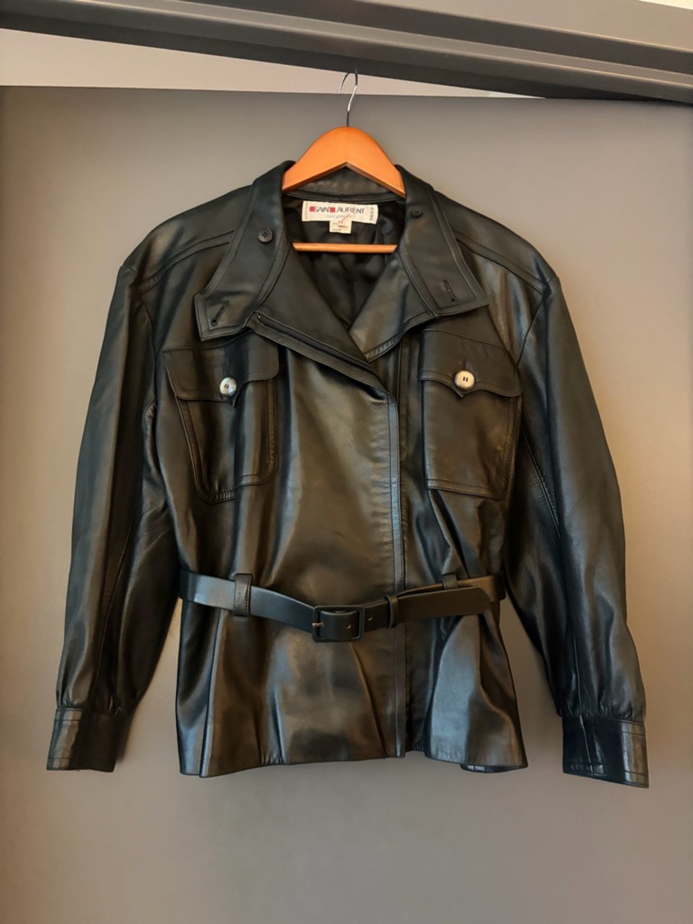 Vintage Saint Laurent Rive Gauche Black Leather Belted Utility Jacket 80s 90s